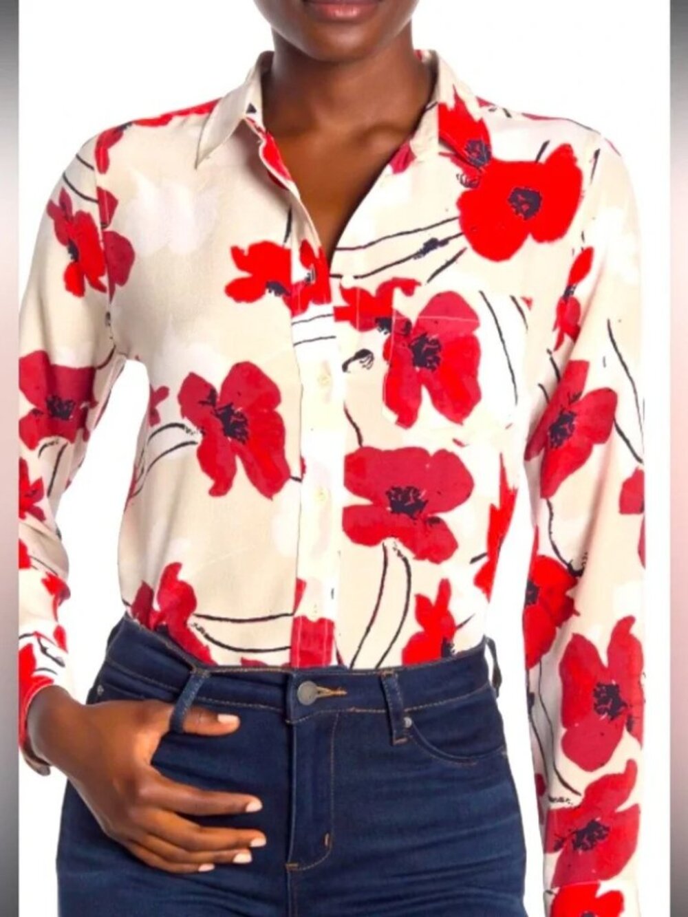 J Crew Classic-Fit Boy Shirt 100% Silk Poppy Print-K1835-NATURAL CERISE